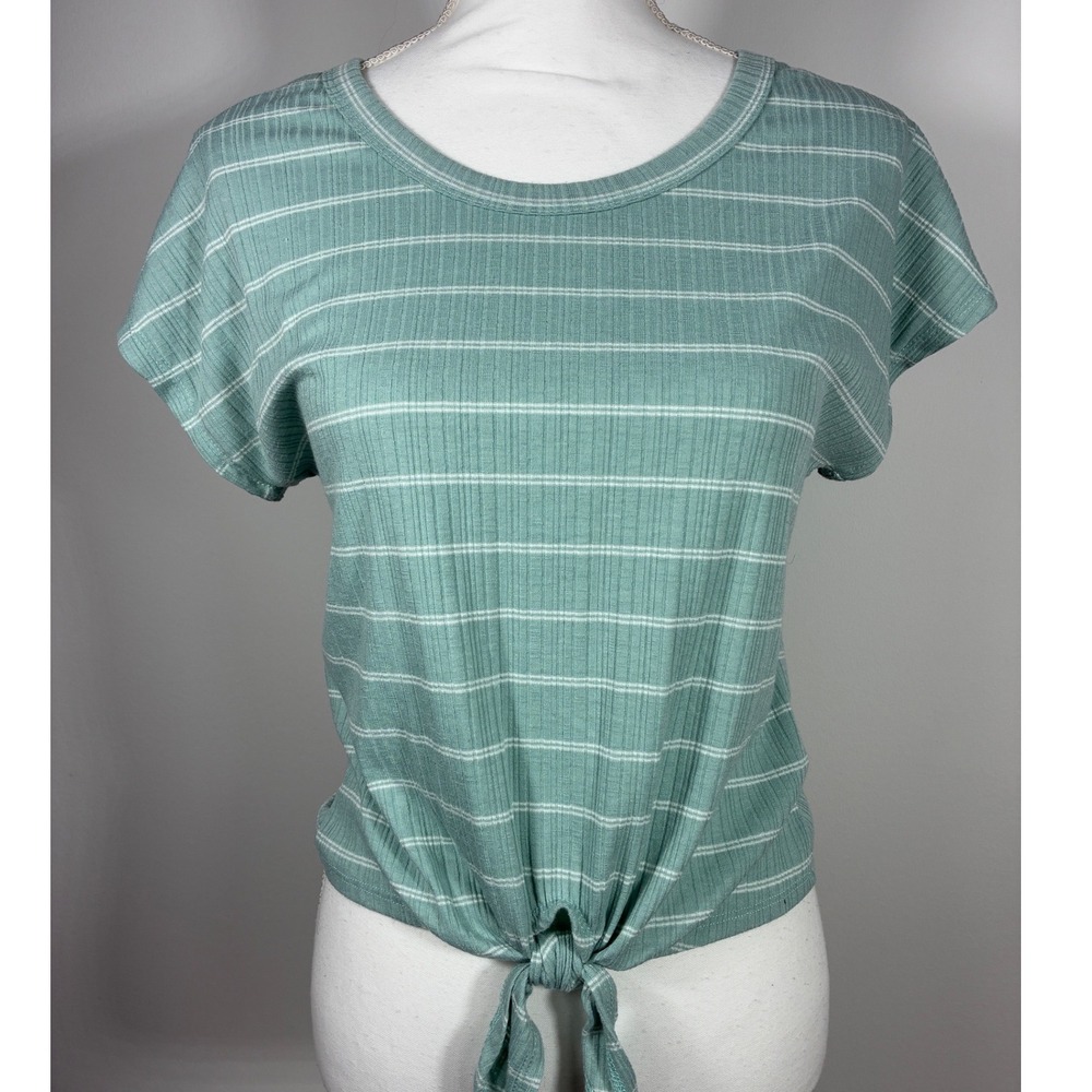 Shiela Rose Top Womens Medium Light Teal Striped Front Tie Ribbed Short Sleeve